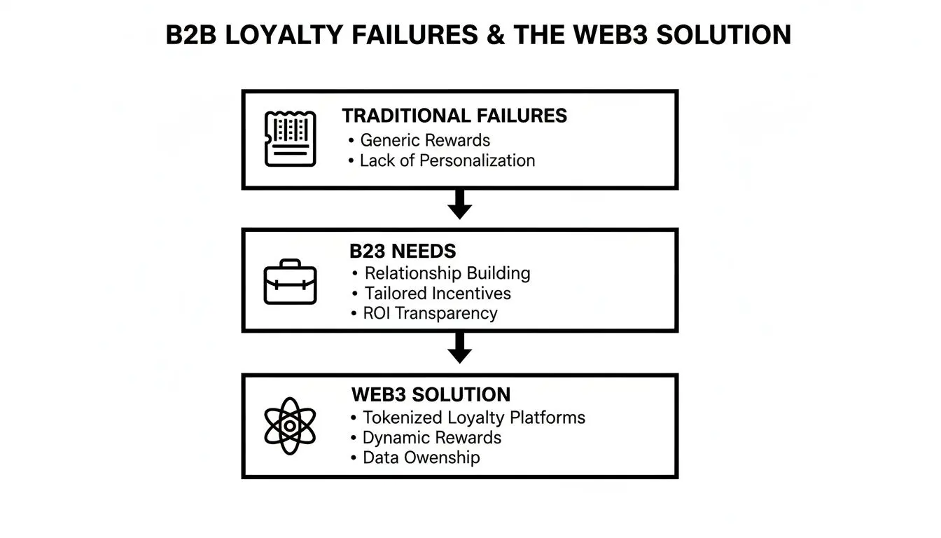 A flowchart illustrating traditional B2B loyalty failures, emerging business needs, and Web3 solutions like tokenized platforms and data ownership.