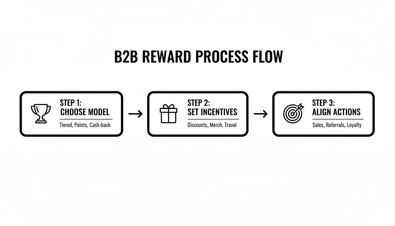 A B2B reward process flow diagram with three steps: Choose Model, Set Incentives, and Align Actions.