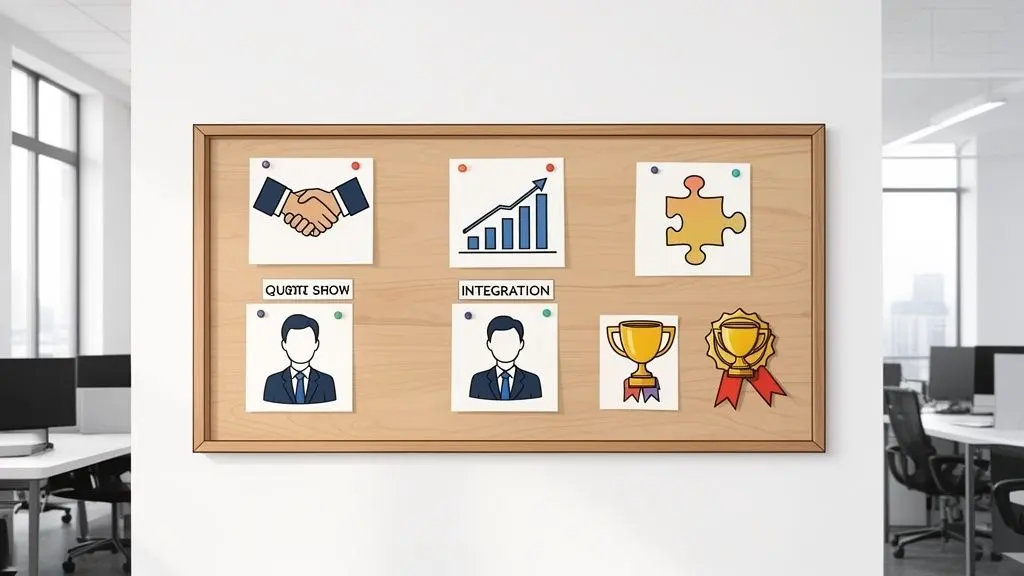 A bulletin board in an office showing icons: handshake, growth chart, puzzle piece, two businessmen, and two awards.