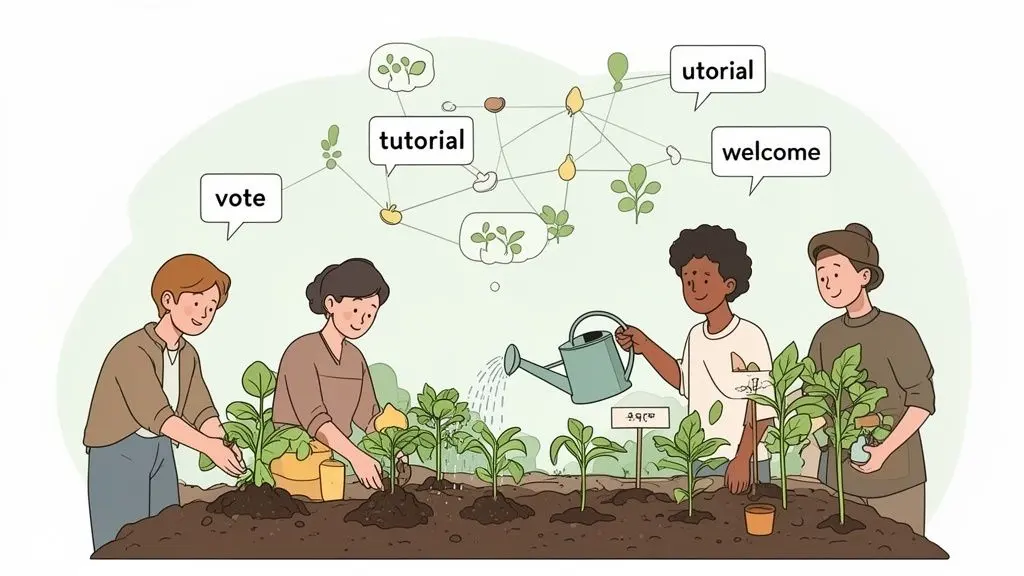 Four diverse people gardening collaboratively, tending to plants and seedlings, with a knowledge network above showing words like 'tutorial' and 'welcome'.