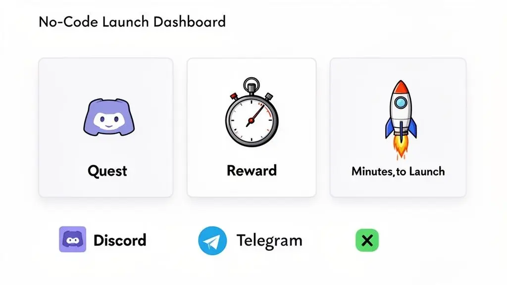 A no-code launch dashboard displaying quest, reward, and launch time, with Discord and Telegram integrations.