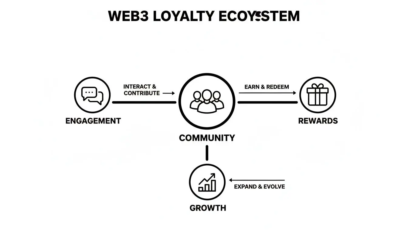 A Web3 loyalty ecosystem diagram showing engagement, community, rewards, and growth as interconnected phases.