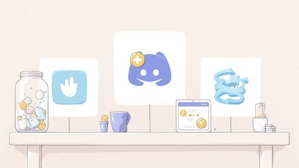 Discord logo with plus badge displayed on shelf with decorative items and gaming accessories