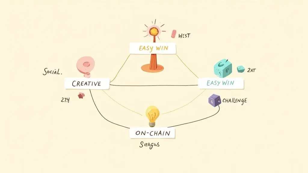 Diagram showing Block Party app game mechanics with easy win, creative, on-chain, and challenge features
