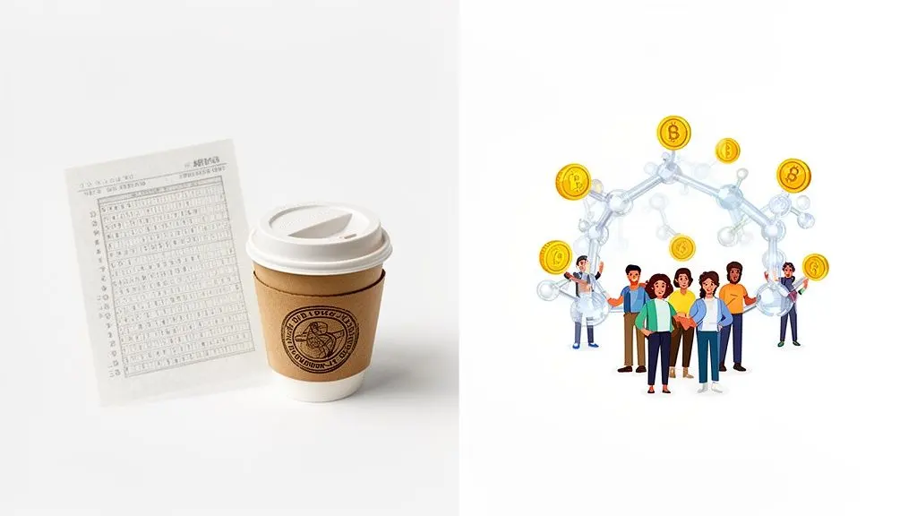 A coffee cup and a data sheet next to a diverse group of people with a cryptocurrency blockchain structure.