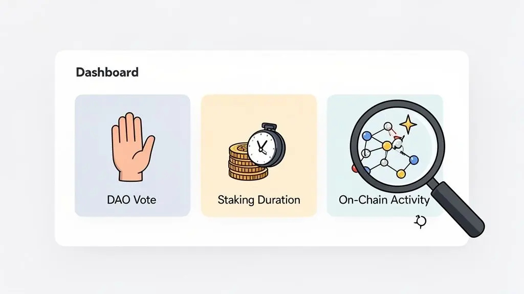 A digital dashboard displaying three cards: DAO Vote, Staking Duration, and On-Chain Activity.