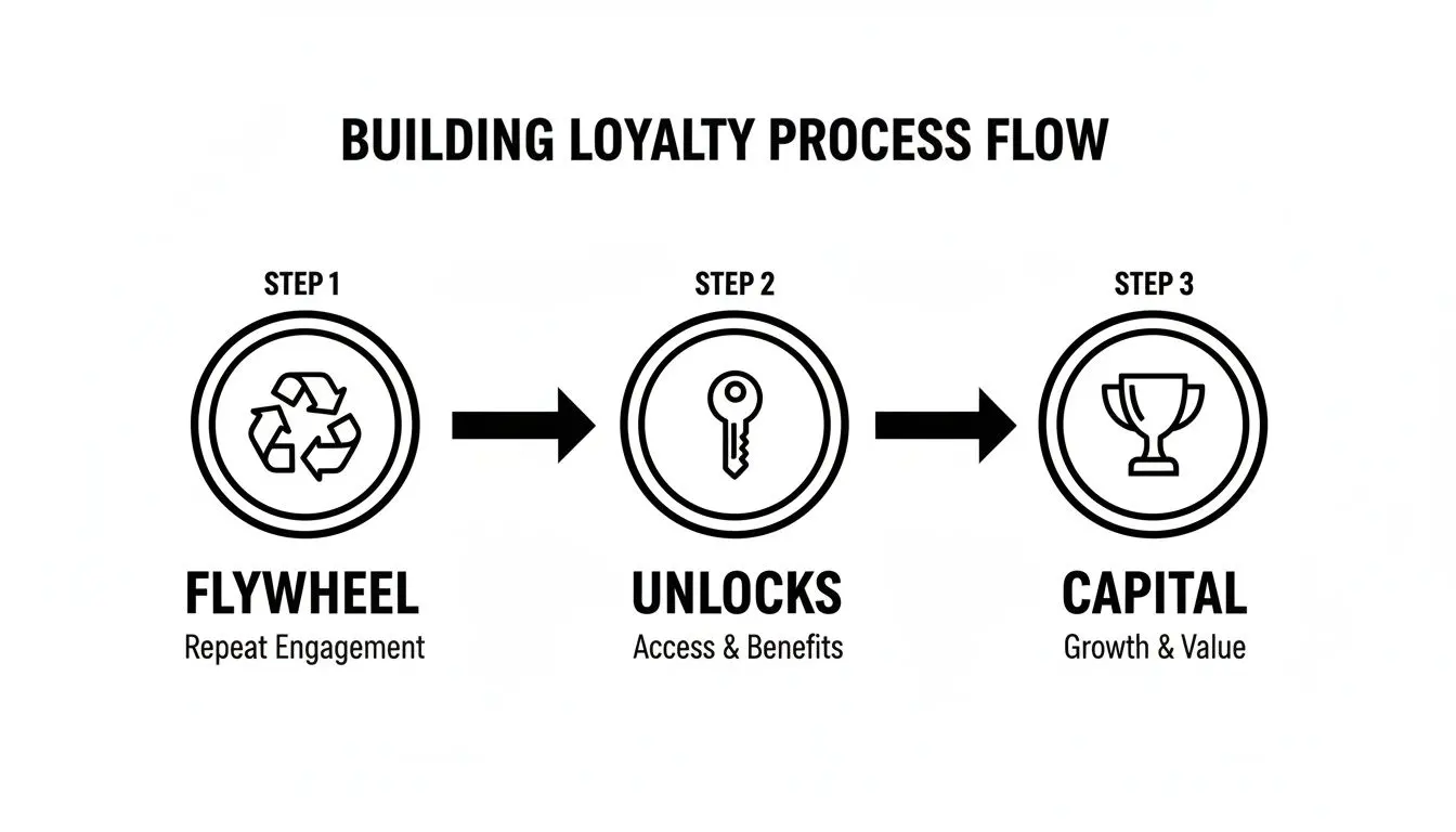 A loyalty process flow with three steps: Flywheel (repeat engagement), Unlocks (access & benefits), and Capital (growth & value).
