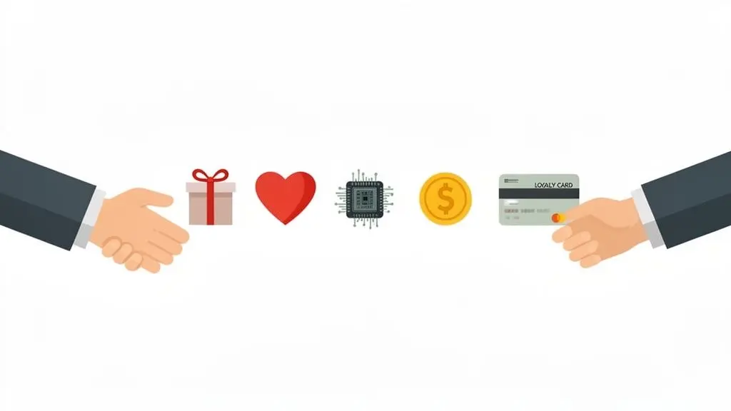 Hands, gift, heart, microchip, dollar coin, and loyalty card symbolizing business reward programs.