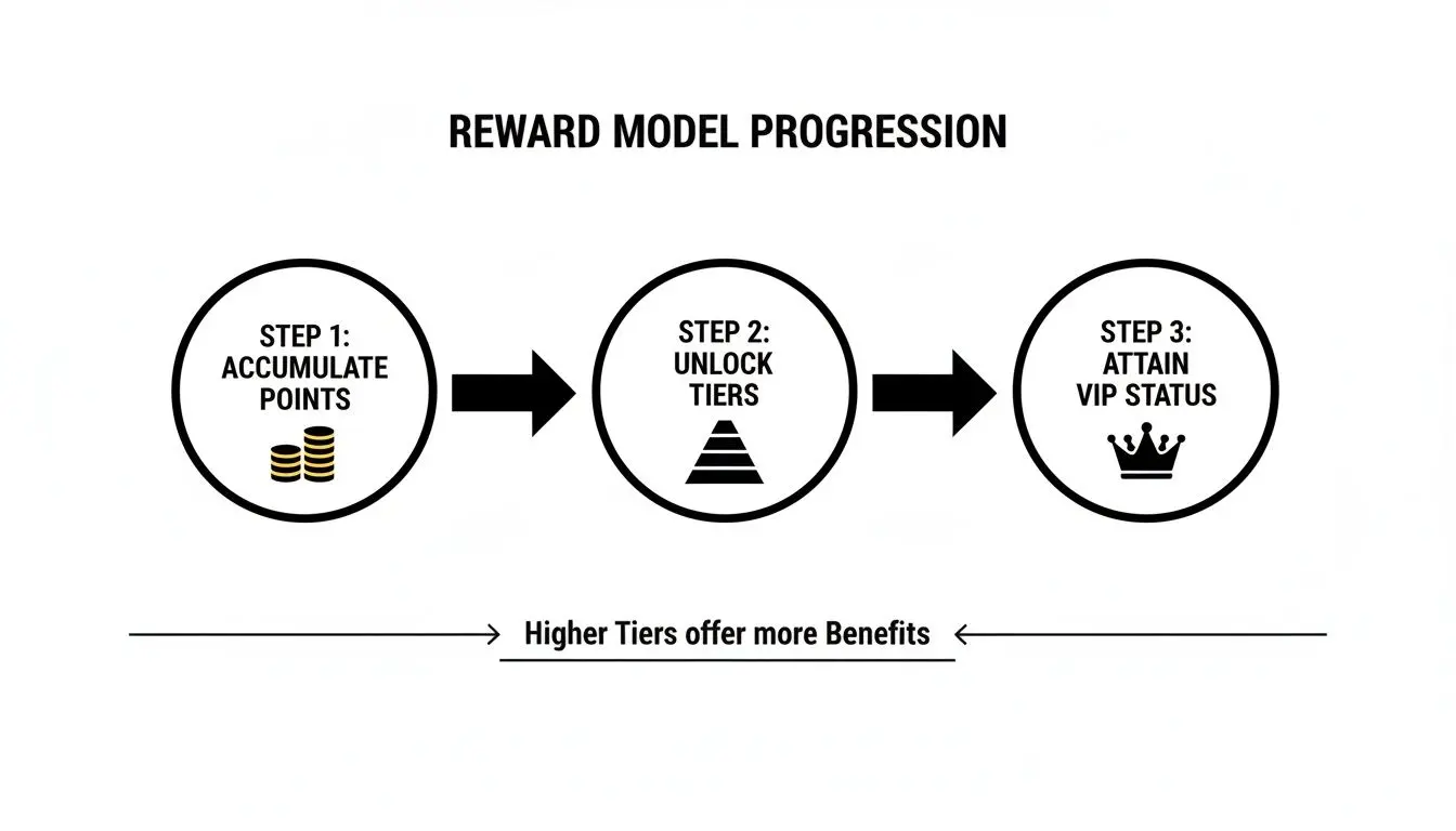 A diagram illustrates a reward model progression: accumulate points, unlock tiers, and attain VIP status, noting higher tiers offer more benefits.