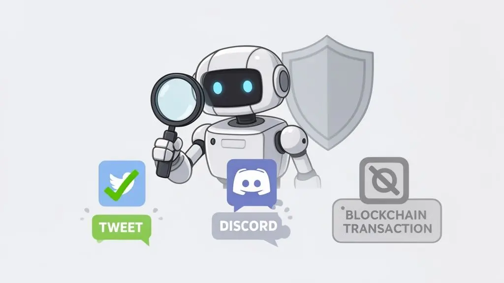 A cartoon robot with a magnifying glass monitors social media tweets, Discord, and blockchain transactions with a shield.