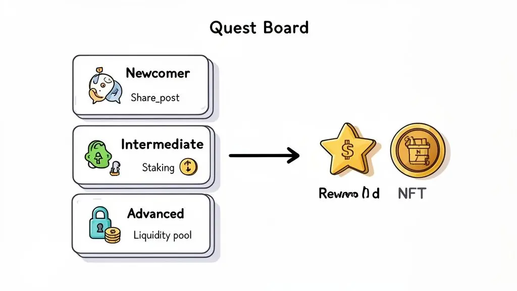 A quest board showing Newcomer, Intermediate, and Advanced levels for earning rewards and NFTs.