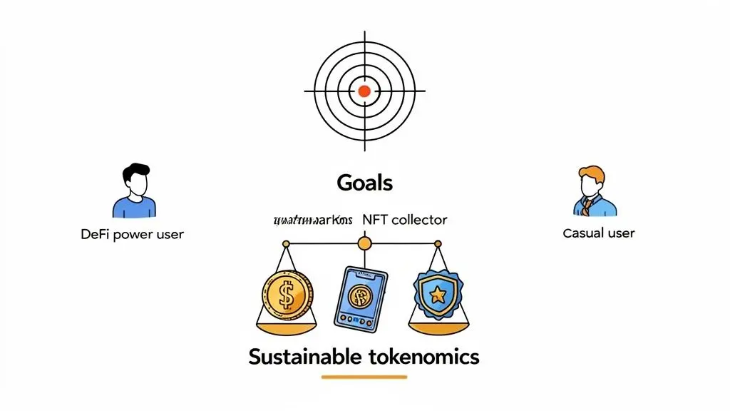 An illustration depicting sustainable tokenomics as a central goal, balancing DeFi power users, casual users, and crypto assets.