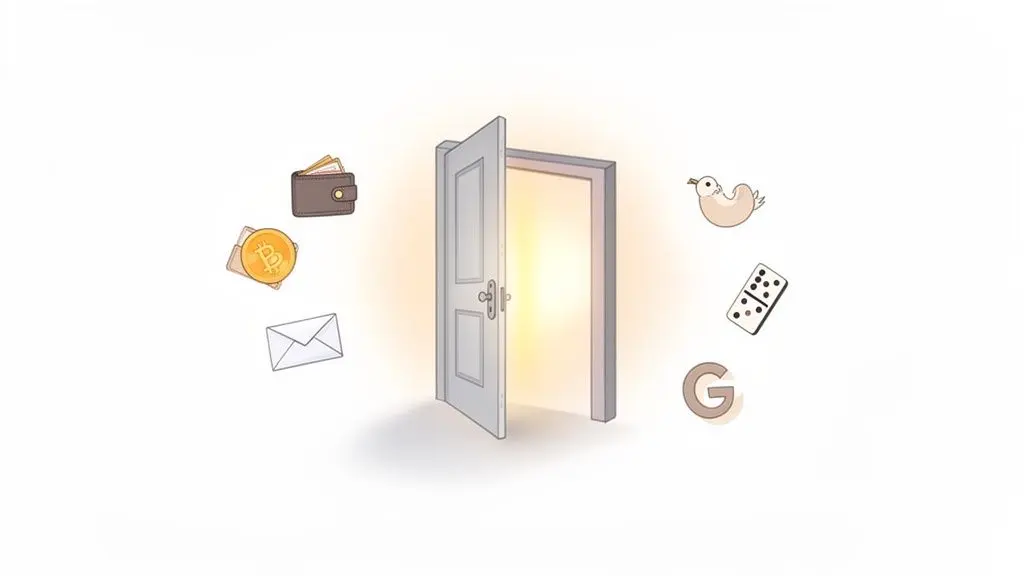 Illustration of an open door glowing brightly, surrounded by digital symbols like a wallet, Bitcoin, email, and Google 'G'.