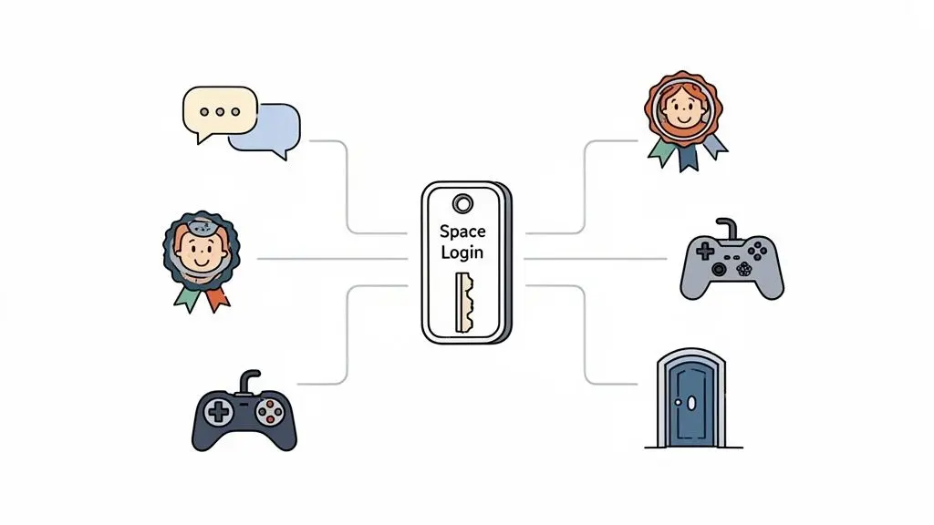 A diagram centered on a 'Space Login' key, linking to chat, game controllers, user profiles, and a door.