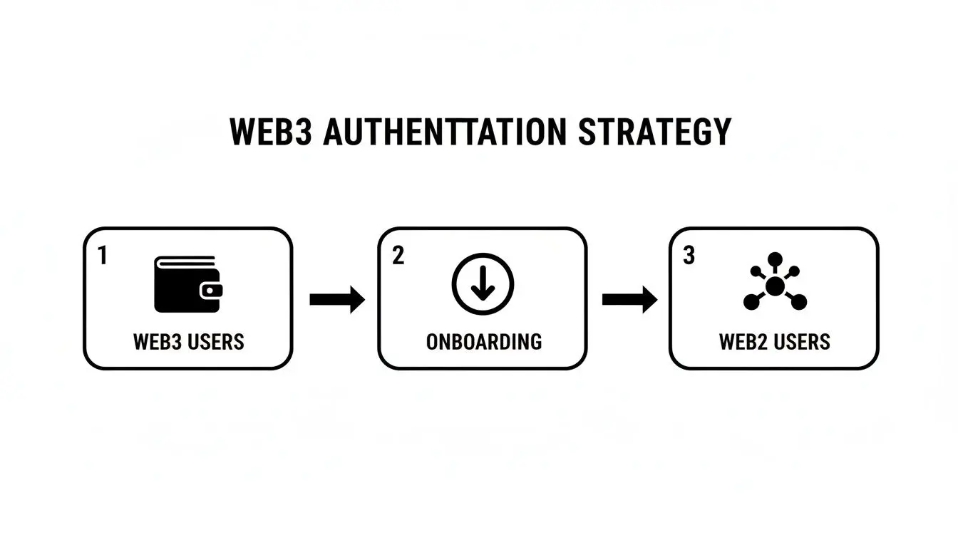 Flowchart showing Web3 authentication strategy, connecting Web3 users, onboarding, and Web2 users.