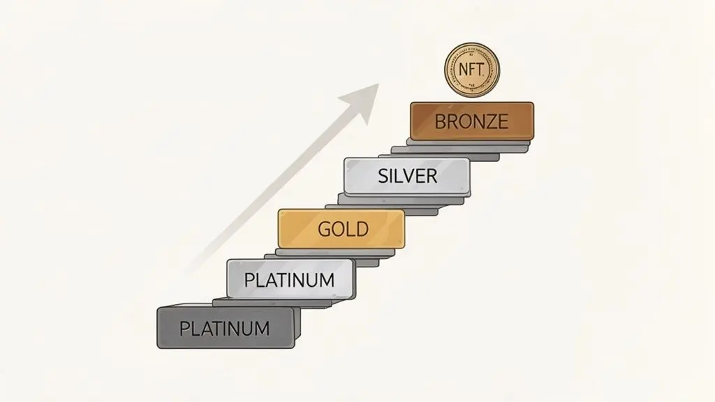 An ascending staircase showing loyalty program tiers: Platinum, Gold, Silver, Bronze, leading to an NFT coin.
