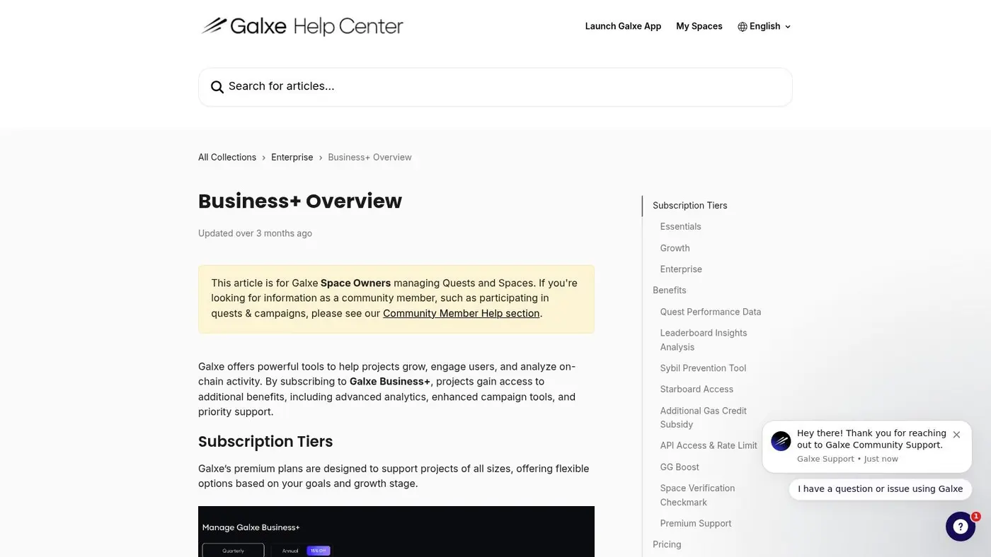 Galxe (Business+) help center for its customer reward program software