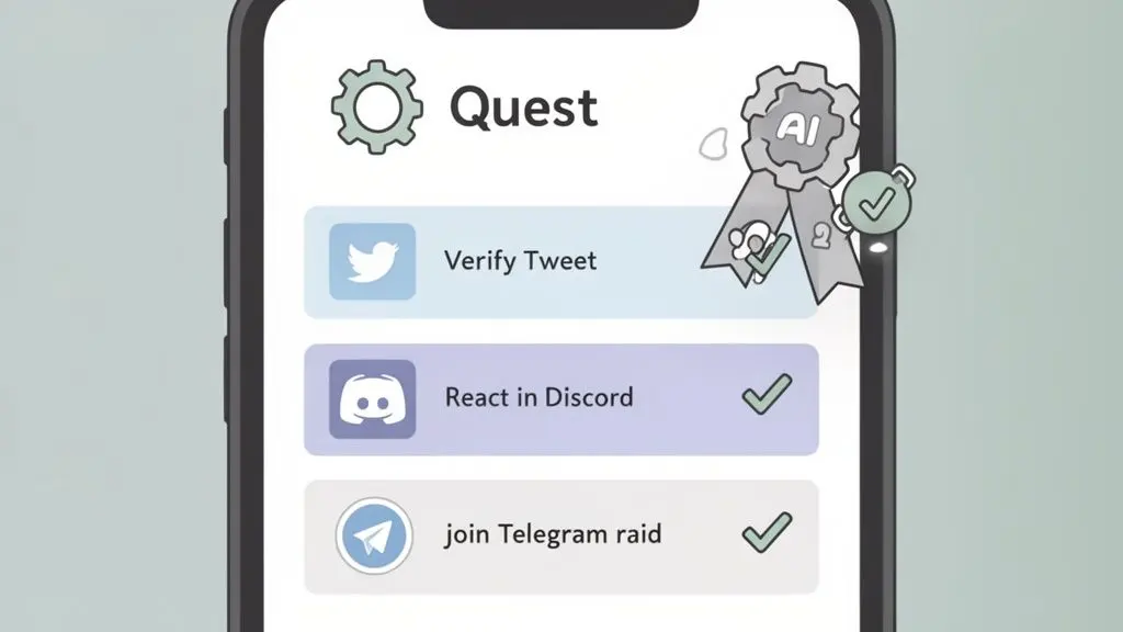 A smartphone screen shows a 'Quest' app with completed social media tasks for Twitter, Discord, and Telegram.