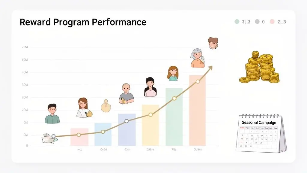 A vibrant chart illustrating upward reward program performance with people, coins, and a calendar.