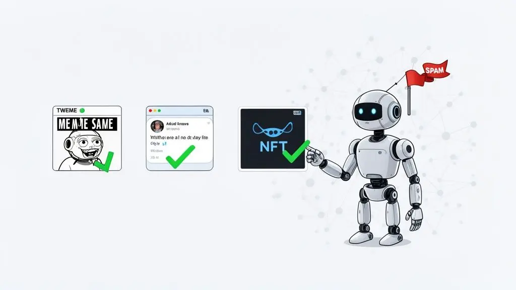 A robot with a 'SPAM' flag points to verified digital content including memes, social media, and NFTs.
