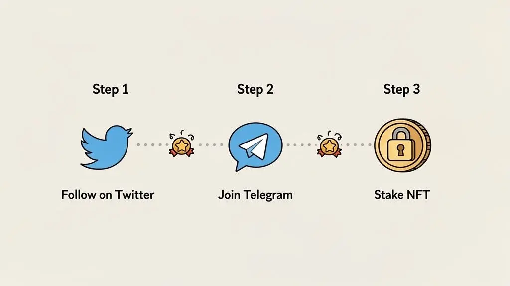 Three-step crypto rewards program: follow Twitter, join Telegram, and stake an NFT.