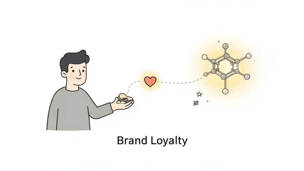 A cartoon person offers a small item, leading to a heart and a glowing chemical structure, illustrating brand loyalty.
