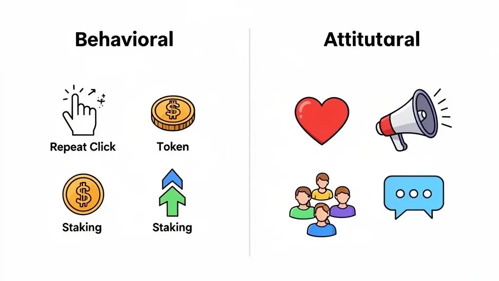 A diagram comparing behavioral and attitudinal factors with icons like clicks, tokens, hearts, and communication.