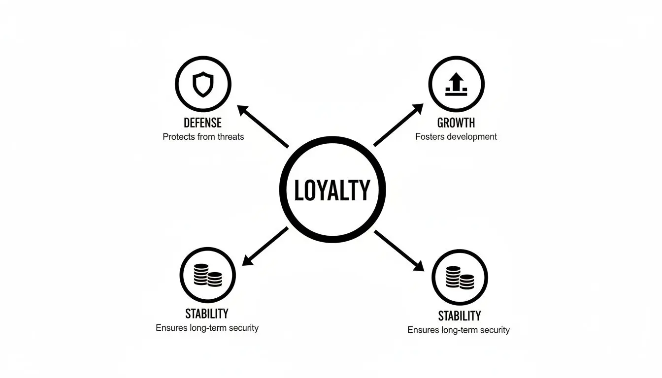 A diagram explaining loyalty, showcasing its benefits: defense, growth, and long-term stability with corresponding icons.