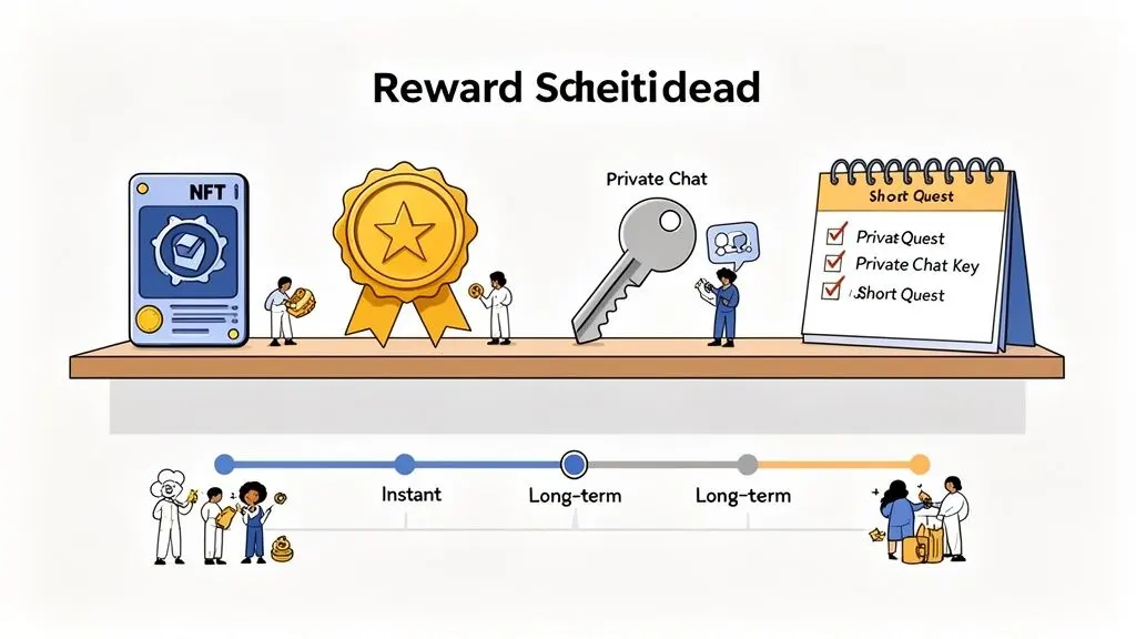 An illustration of various digital and physical rewards like NFTs, medals, chat keys, and quests, categorized by instant and long-term timelines.