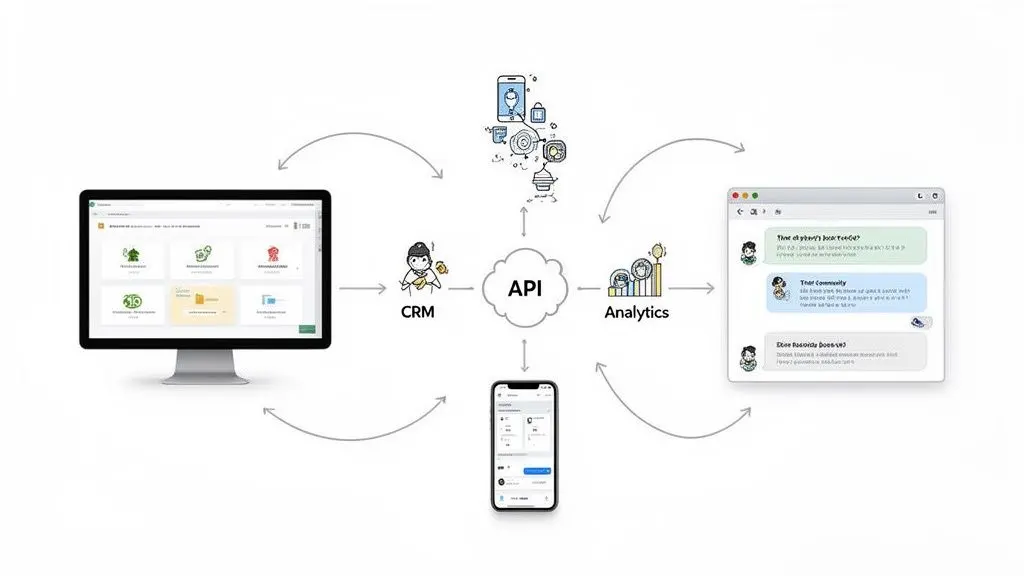 Diagram showing an API integrating CRM, analytics, desktop, mobile, and chat platforms, illustrating a digital ecosystem.