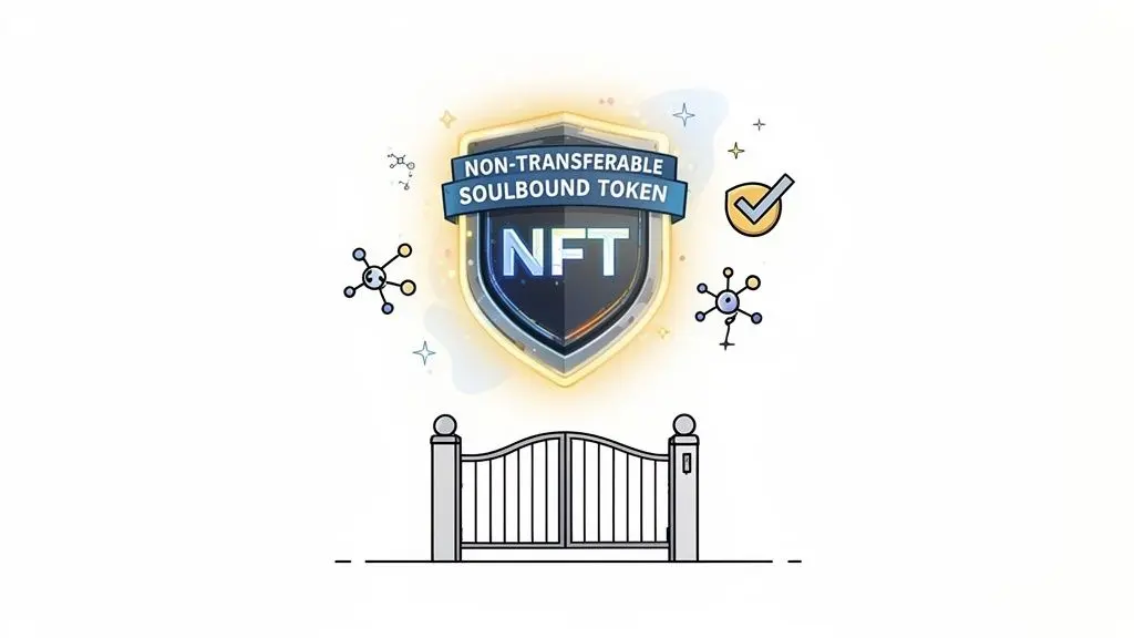 A glowing shield with 'NFT' and 'NON-TRANSFERABLE SOULBOUND TOKEN' above a closed gate.