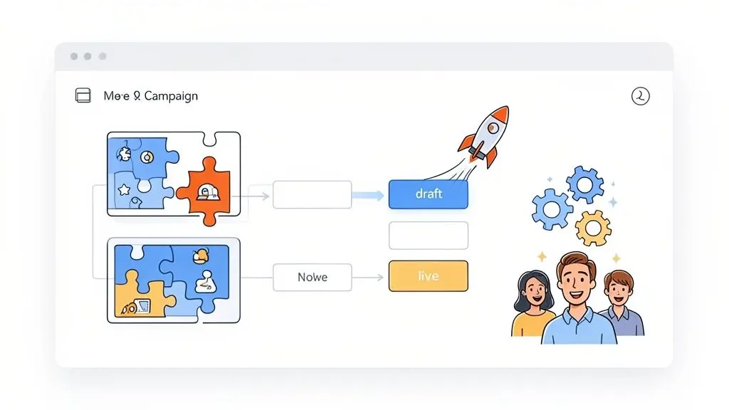 A diagram showing a campaign workflow with puzzle pieces, draft and live stages, a rocket launch, gears, and a smiling team.