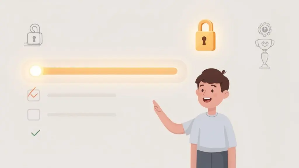 Illustration of a boy pointing at a glowing progress bar, showing an unlocked padlock and checklist items.