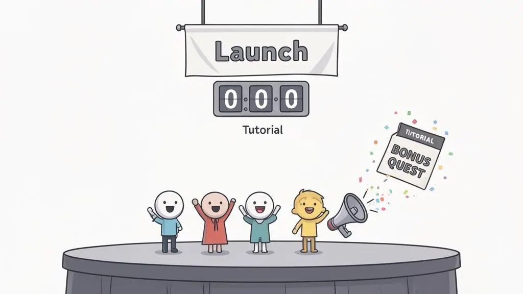 Four cartoon characters celebrate a game launch with a 'Tutorial Bonus Quest' and confetti.