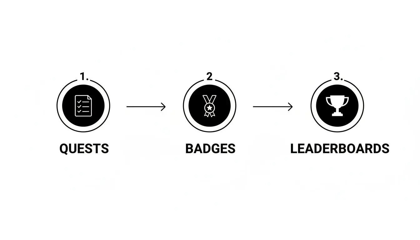 Diagram illustrating a gamification process with quests, badges, and leaderboards icons.