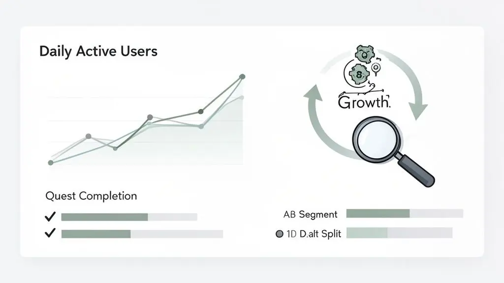 A dashboard displaying daily active users graph, quest completion, and a growth analytics cycle with AB testing.