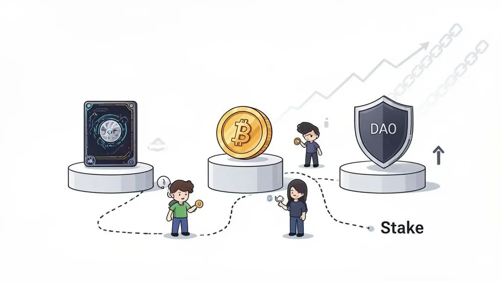 Cartoon people staking cryptocurrency and NFTs to engage with a DAO for growth.