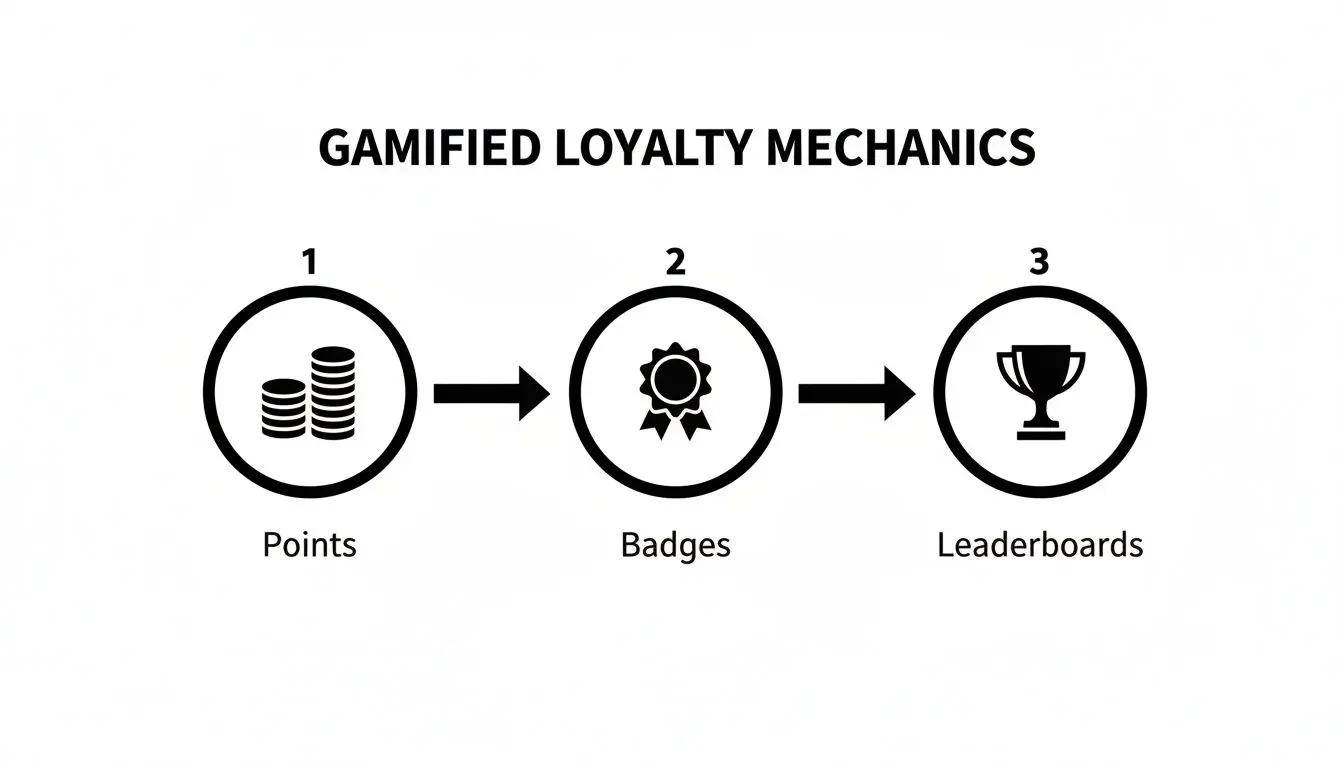 Diagram showing gamified loyalty mechanics: points lead to badges, then leaderboards.
