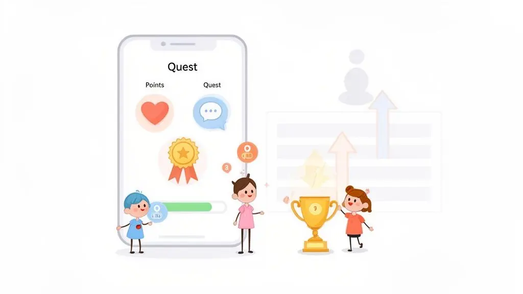 A smartphone app displaying gamified quests and points, with characters celebrating a golden trophy.