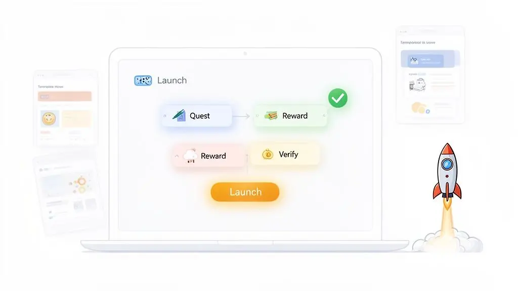 A laptop displays a gamified program launch interface with steps like Quest, Reward, and Verify, alongside a launching rocket.