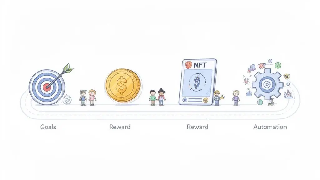 Cartoon illustrating a process: setting goals, earning rewards (coin, NFT), leading to automation.