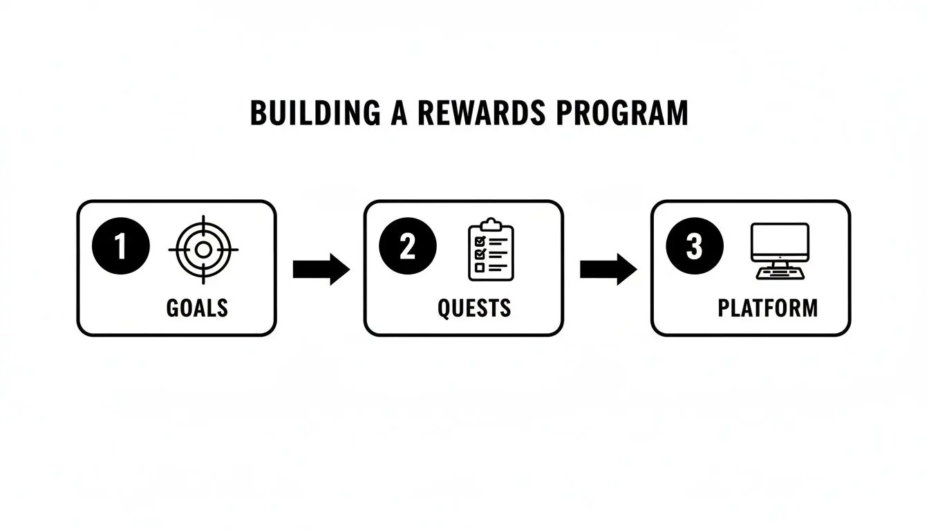 Diagram illustrating the three steps to building a rewards program: Goals, Quests, and Platform.