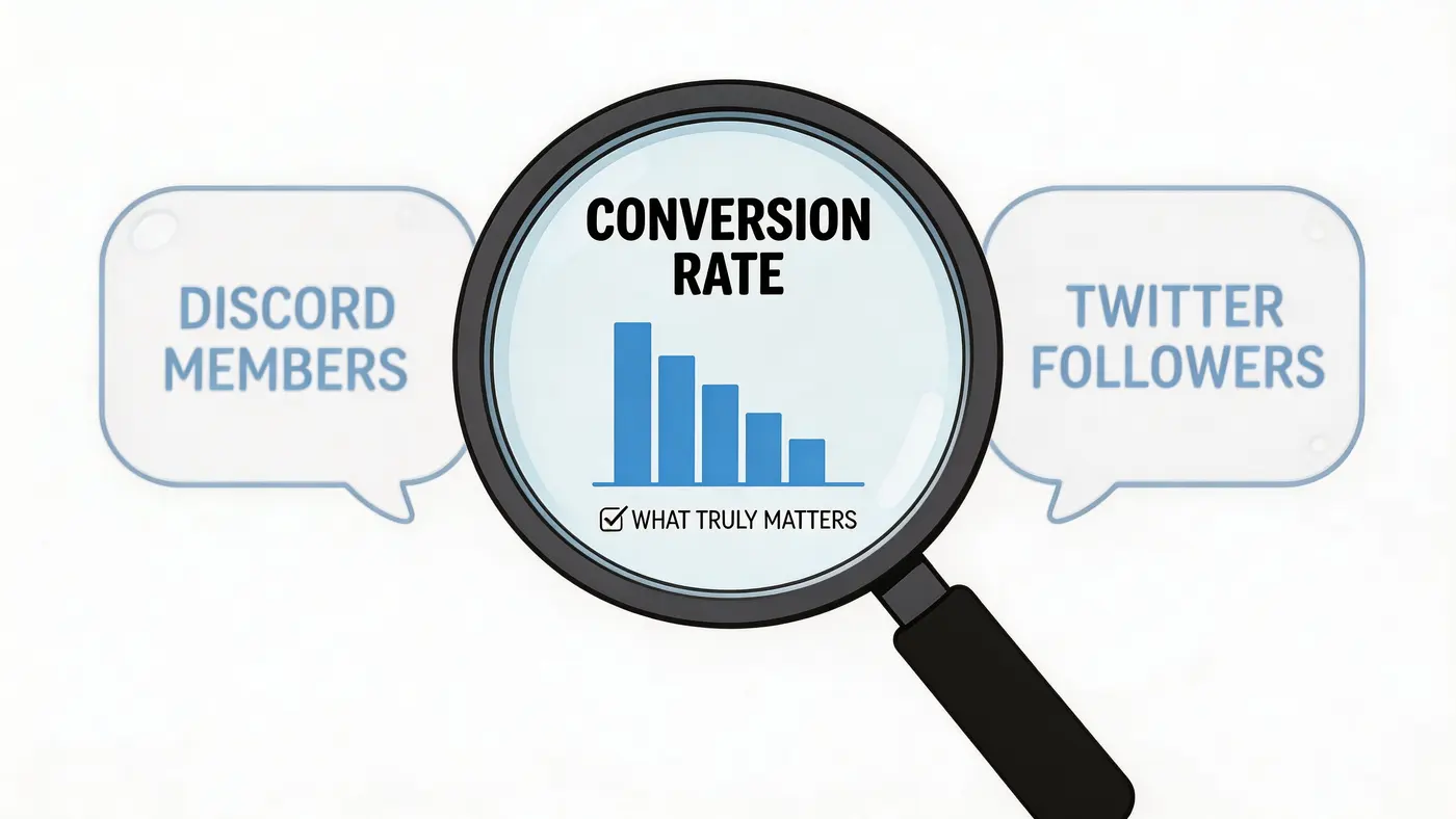 A magnifying glass focusing on a downward trend chart labeled conversion rate between social media icons.
