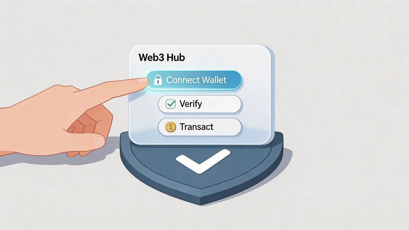 A hand selecting a Connect Wallet button on a Web3 Hub interface illustration with shield protection.