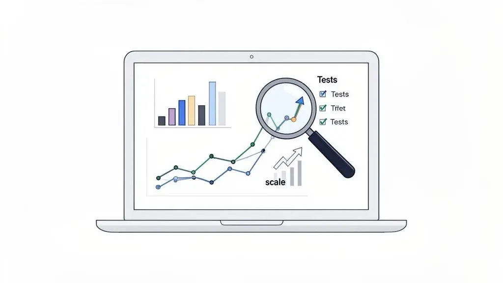 A laptop screen displaying data analysis charts with a magnifying glass highlighting an upward trend.