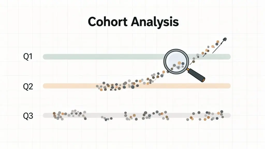 Illustration of cohort analysis showing data points for Q1, Q2, Q3 with a magnifying glass highlighting an upward trend.