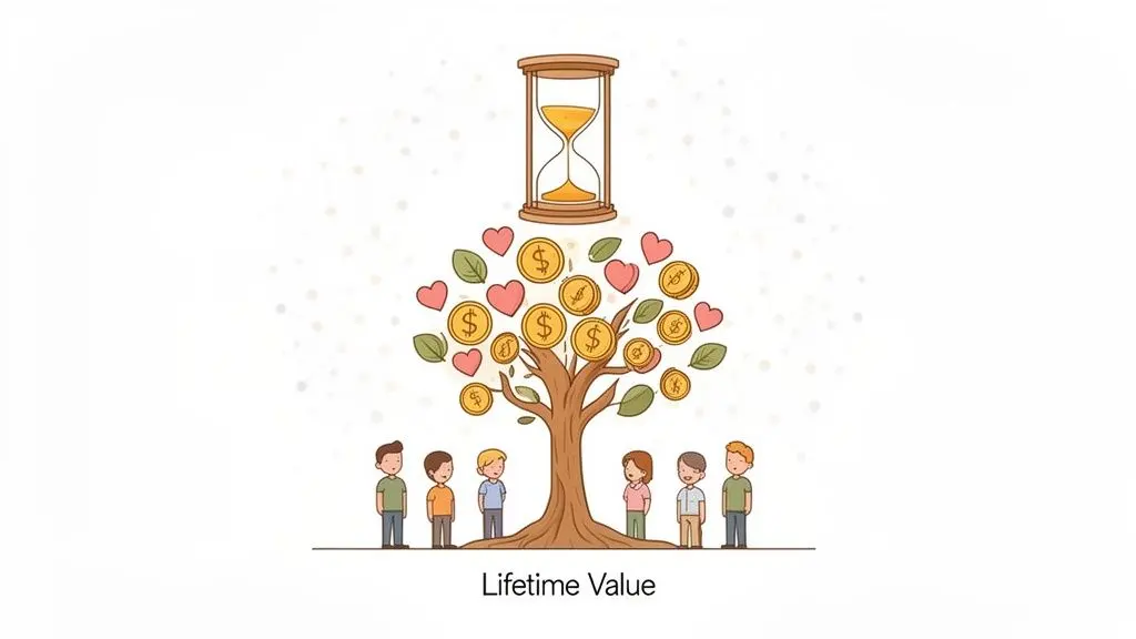 An hourglass above a tree with money and hearts, surrounded by people, illustrating lifetime value.