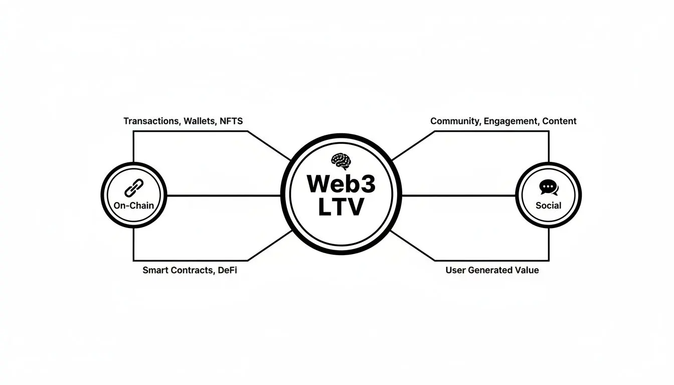 A diagram illustrates Web3 LTV, connecting on-chain activities like NFTs and DeFi with social engagement and user-generated value.