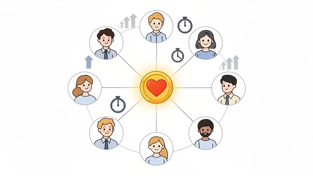 Diverse cartoon people connected in a network around a central heart coin, with growth and time symbols.