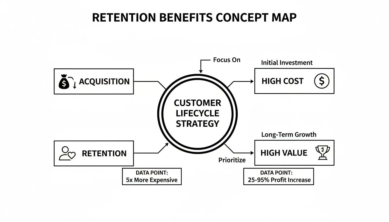 Concept map comparing acquisition's high cost to retention's high value within a customer lifecycle strategy, showing profit benefits.